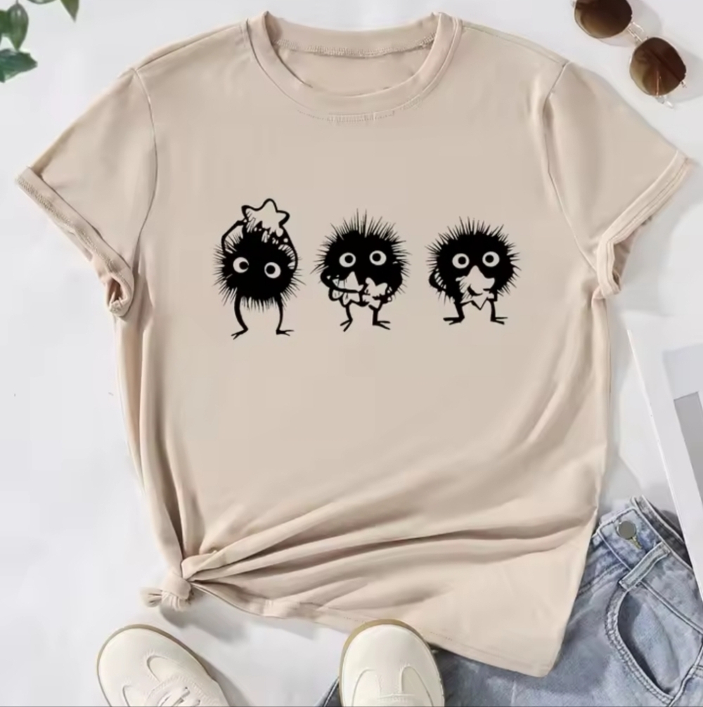 Cute Beige T-Shirt with Black Cartoon Characters